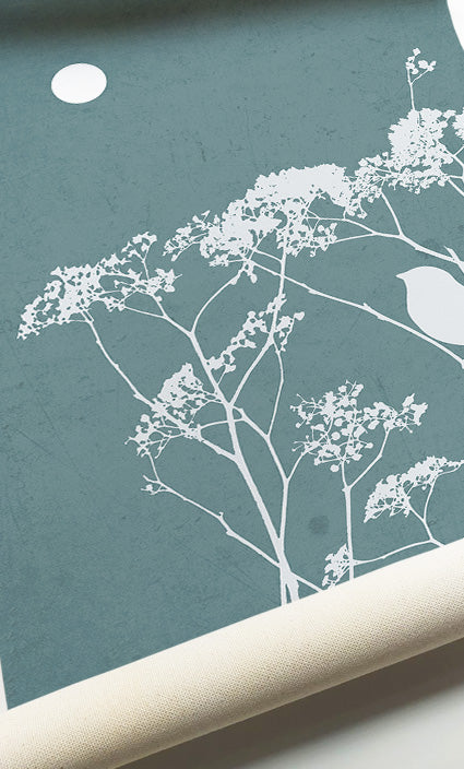 Contemporary botanical wall art with wildflowers, birds, and textured dusty blue backgrounds
