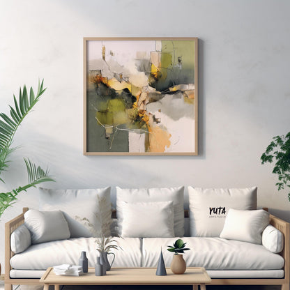 Framed abstract olive green and beige square artwork displayed above a light wood sofa.