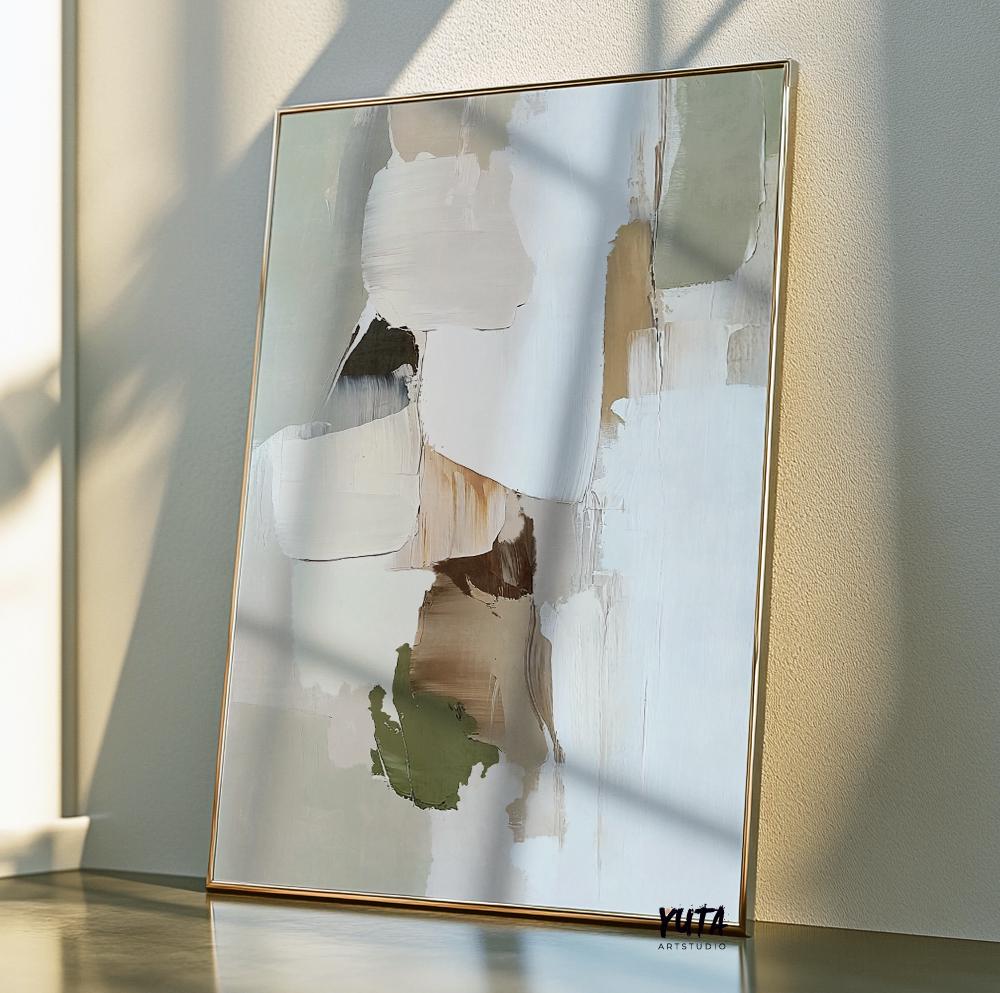 Earth tone abstract wall art set with layered ivory, sage green and warm beige accents in a contemporary design