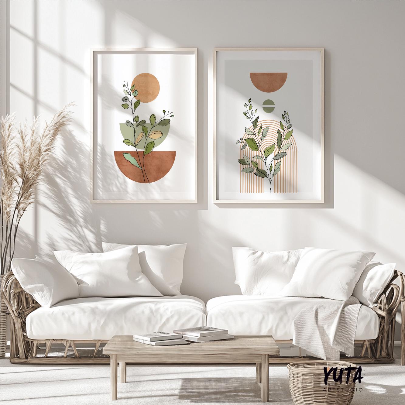 Botanical abstract prints in terracotta tones, framed and paired above a white sofa
