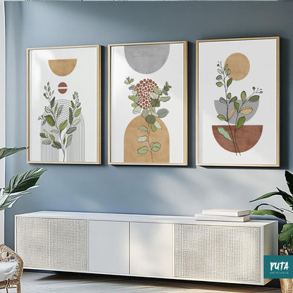 Abstract botanical wall art set with terracotta and grey shapes, framed above books and plants