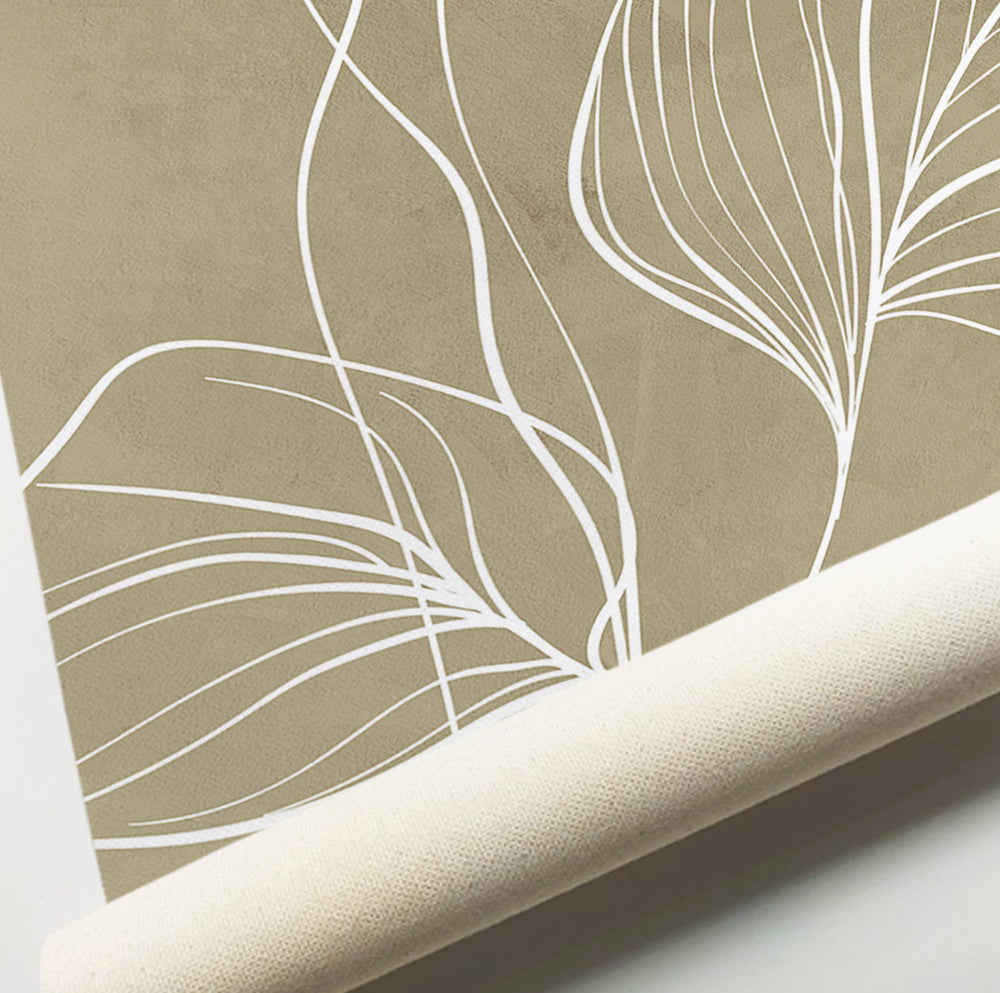 Earthy neutral wall art triptych with minimalist leaves and flowers in warm brown, rust and sage tones.