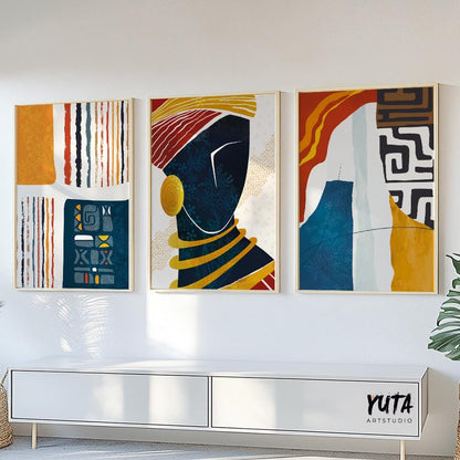 African absrtact art gallery wall set of 3 prints. Minimalist african wall art, black woman portrait. Modern african american art