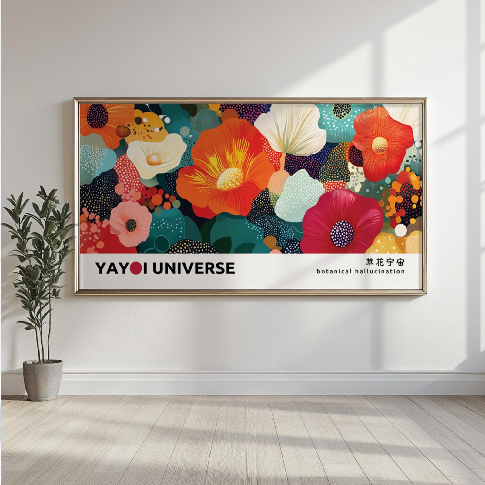 Colorful abstract botanical artwork in a wide horizontal frame above bare wood flooring