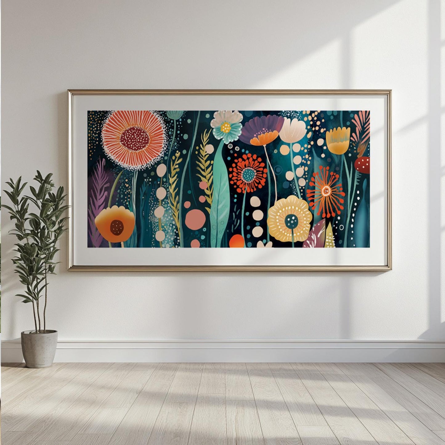 Abstract floral artwork with bold colorful flowers in a white frame above a console planter.