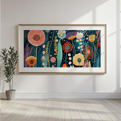 Abstract floral artwork with bold colorful flowers in a white frame above a console planter.