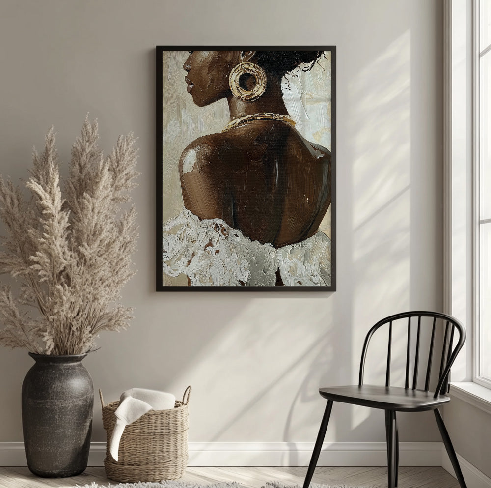 Elegant Black woman portrait art with gold jewelry and textured neutral brushstrokes