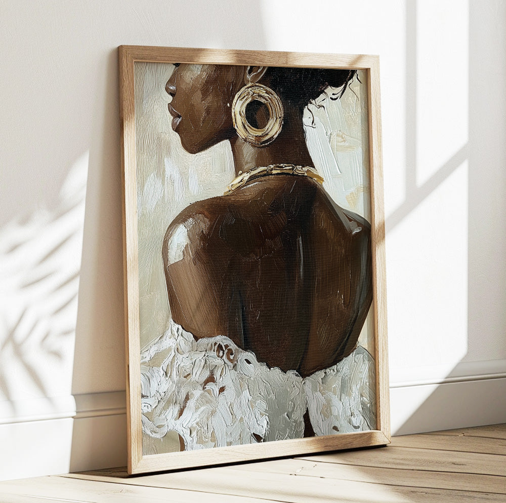 Elegant Black woman portrait art with gold jewelry and textured neutral brushstrokes