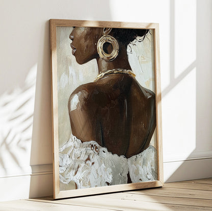 Elegant Black woman portrait art with gold jewelry and textured neutral brushstrokes