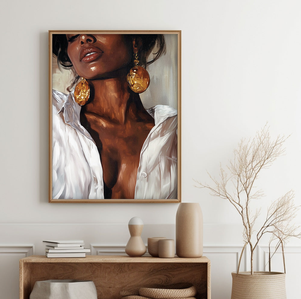 Elegant Black woman portrait with statement gold earrings and warm brown tones