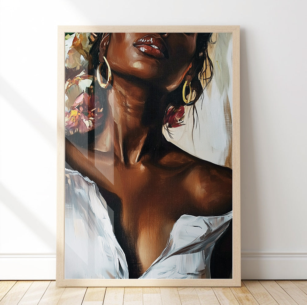 Elegant Black woman portrait featuring gold hoop earrings and contemporary painterly details