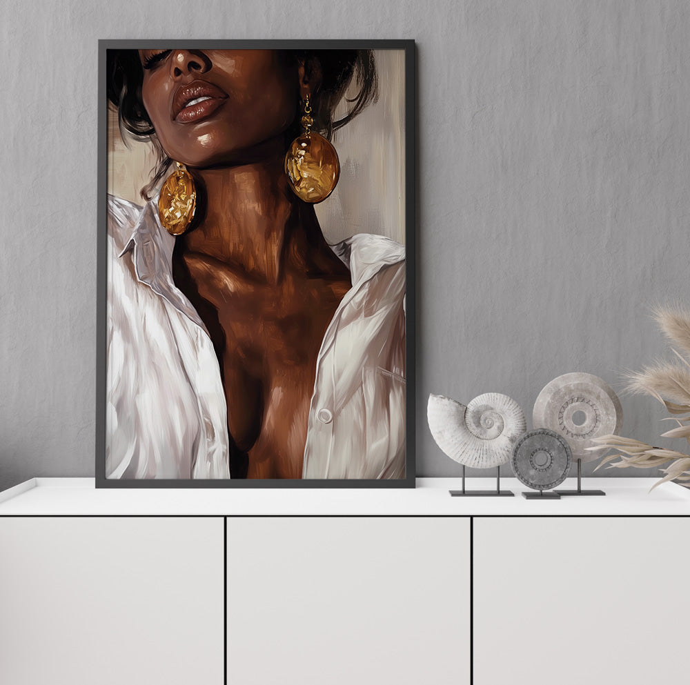 Elegant Black woman wall art featuring a contemporary portrait with large golden earrings