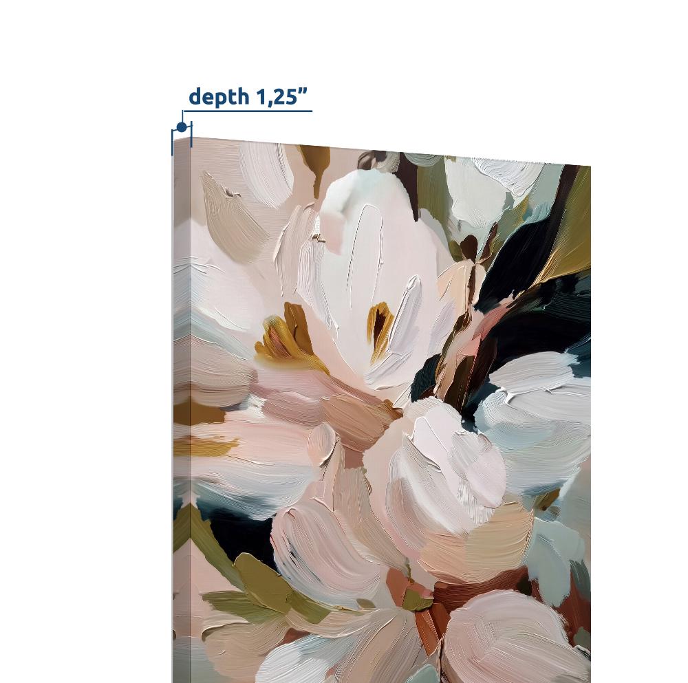 Textured abstract floral canvas print shown with 1.25 inch gallery wrap depth detail