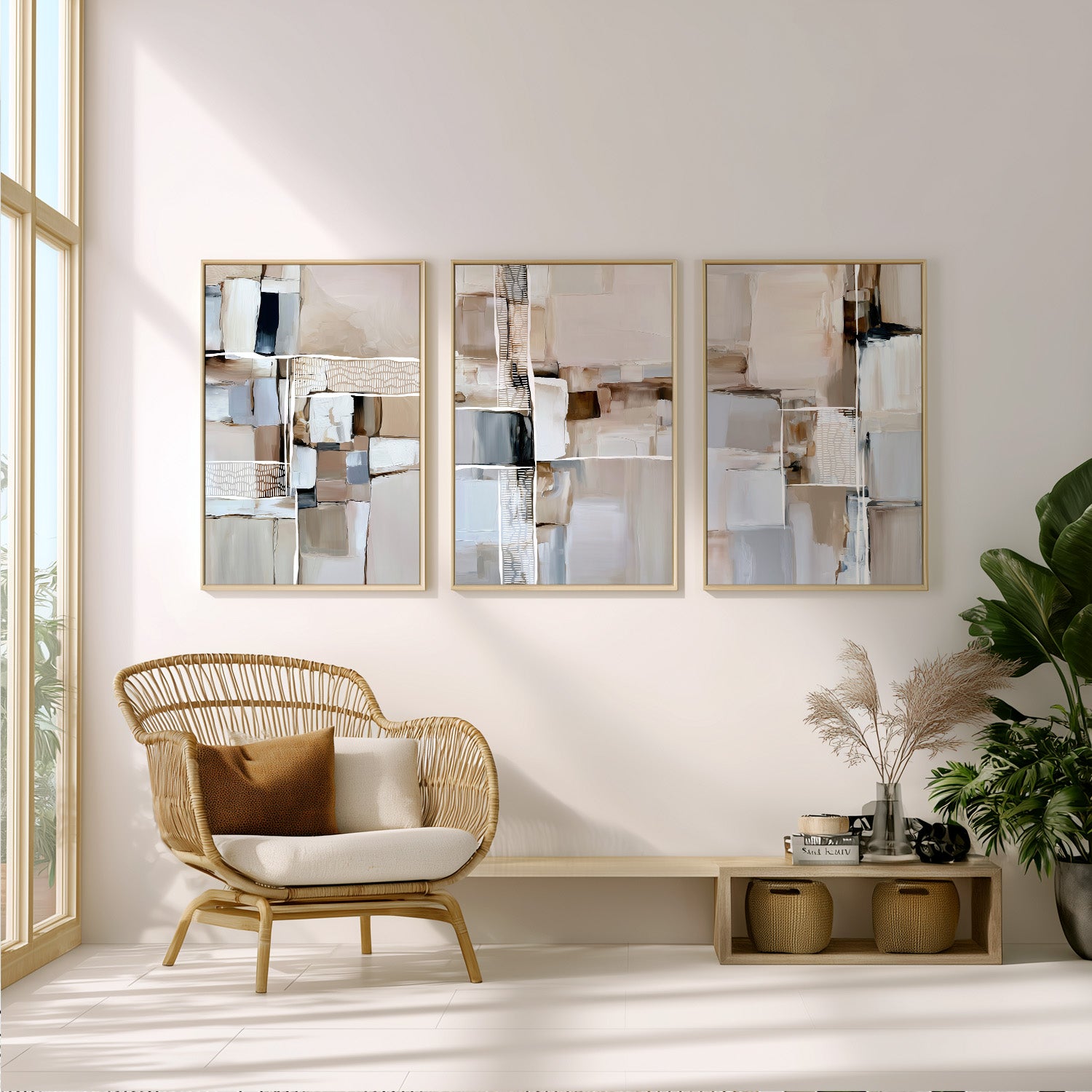 Neutral gallery wall with elegant abstract artwork in warm earthy tones
