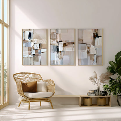 Neutral gallery wall with elegant abstract artwork in warm earthy tones
