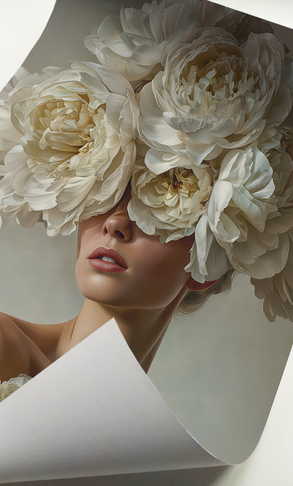 Elegant white floral woman art featuring a female portrait with dramatic cream peonies around her head