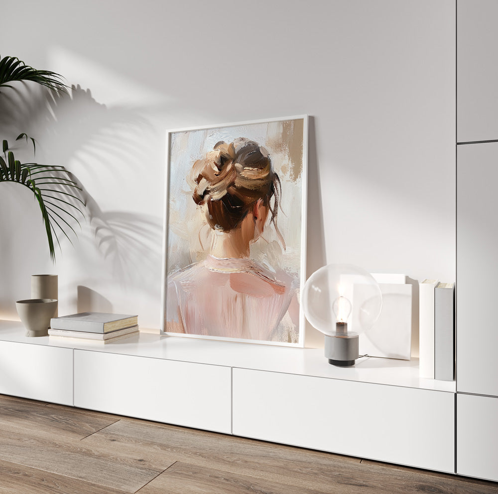 Elegant woman back portrait featuring a sophisticated updo and delicate neutral color palette