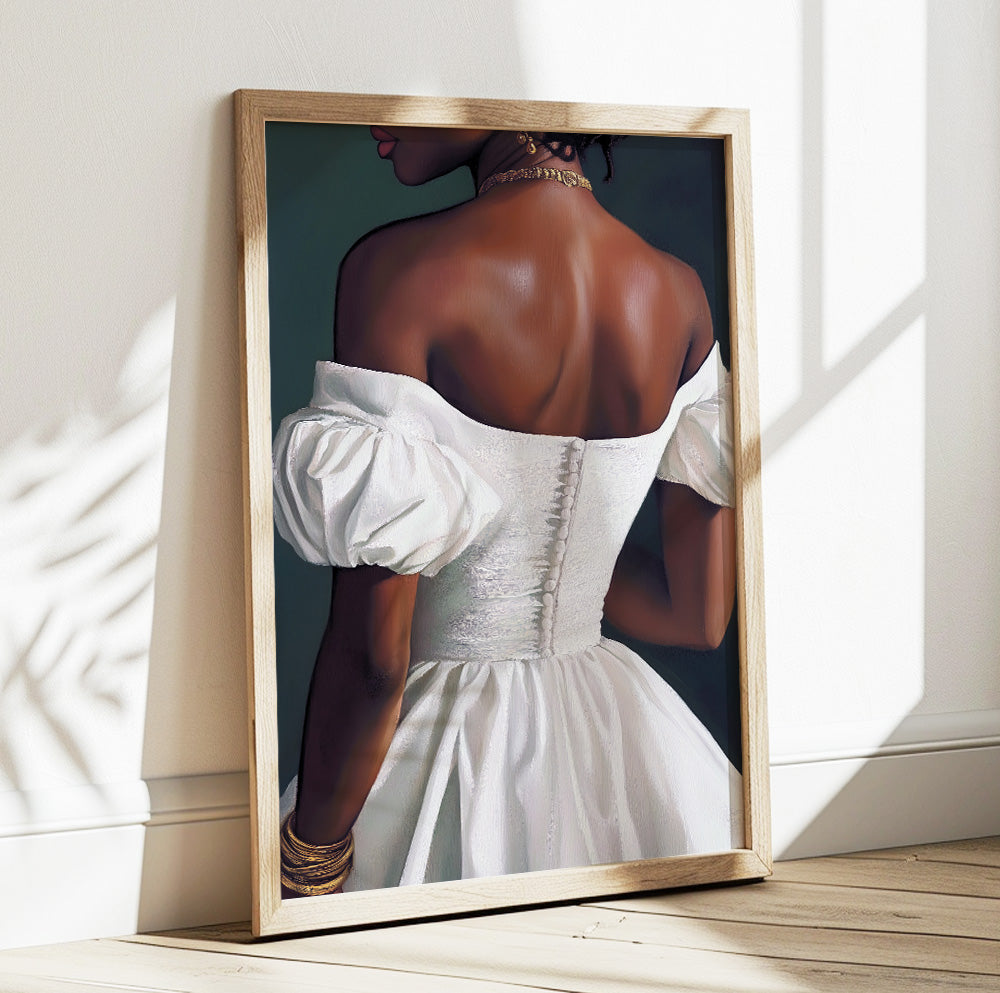 Elegant woman back view art featuring a white off shoulder dress against a dark green background