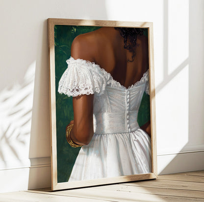 Elegant woman back view portrait featuring a romantic white off shoulder dress with lace sleeves