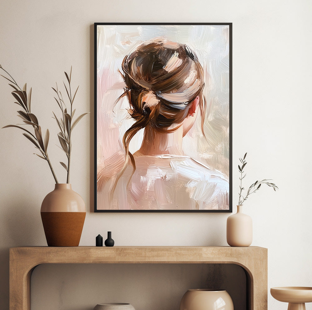 Elegant woman back view wall art featuring a romantic low bun and loose strand of brown hair
