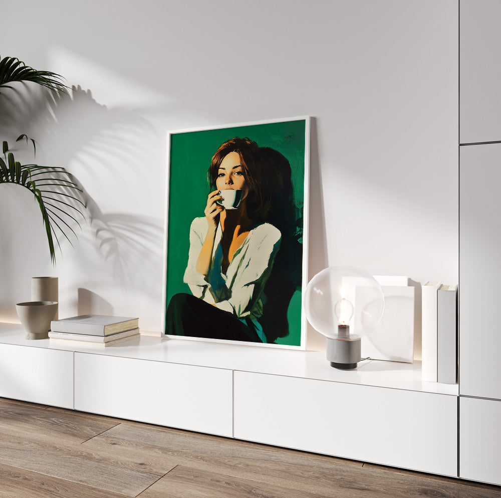 Emerald green portrait wall art featuring a modern female figure with a coffee cup