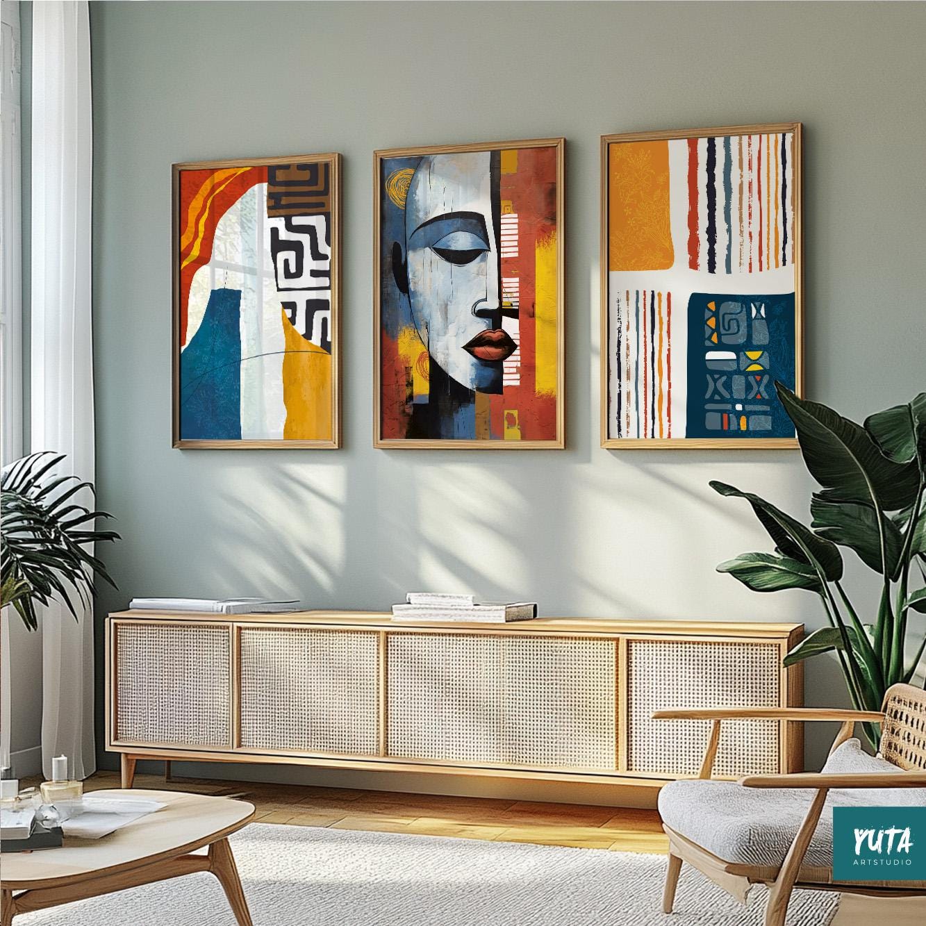 Set of 3 African abstract prints – contemporary Black woman wall art for ethnic interiors.