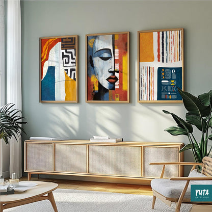 Set of 3 African abstract prints – contemporary Black woman wall art for ethnic interiors.