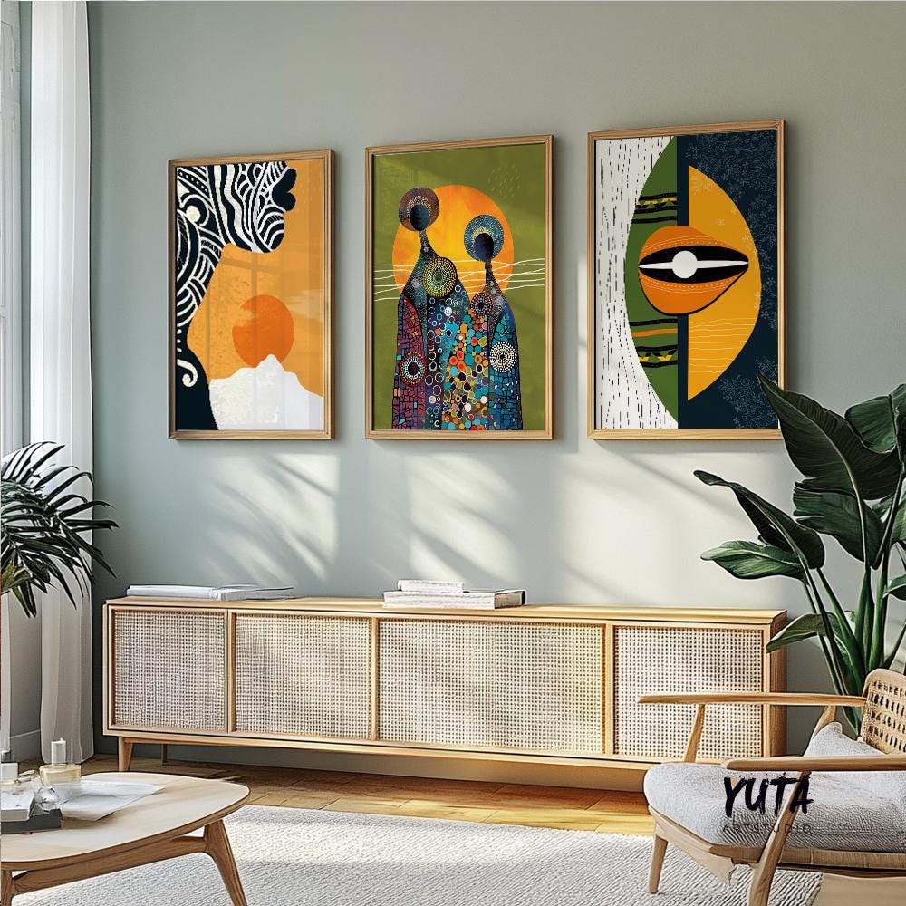 Contemporary Bright Abstract African American Art Set of 3 Prints. Three Peace Modern Tribe Abstract Art. Black Woman Portrait.