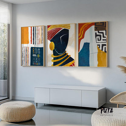 Abstract black woman portrait set of 3, African American minimalist wall prints with bold ethnic colors for modern and boho home decor.