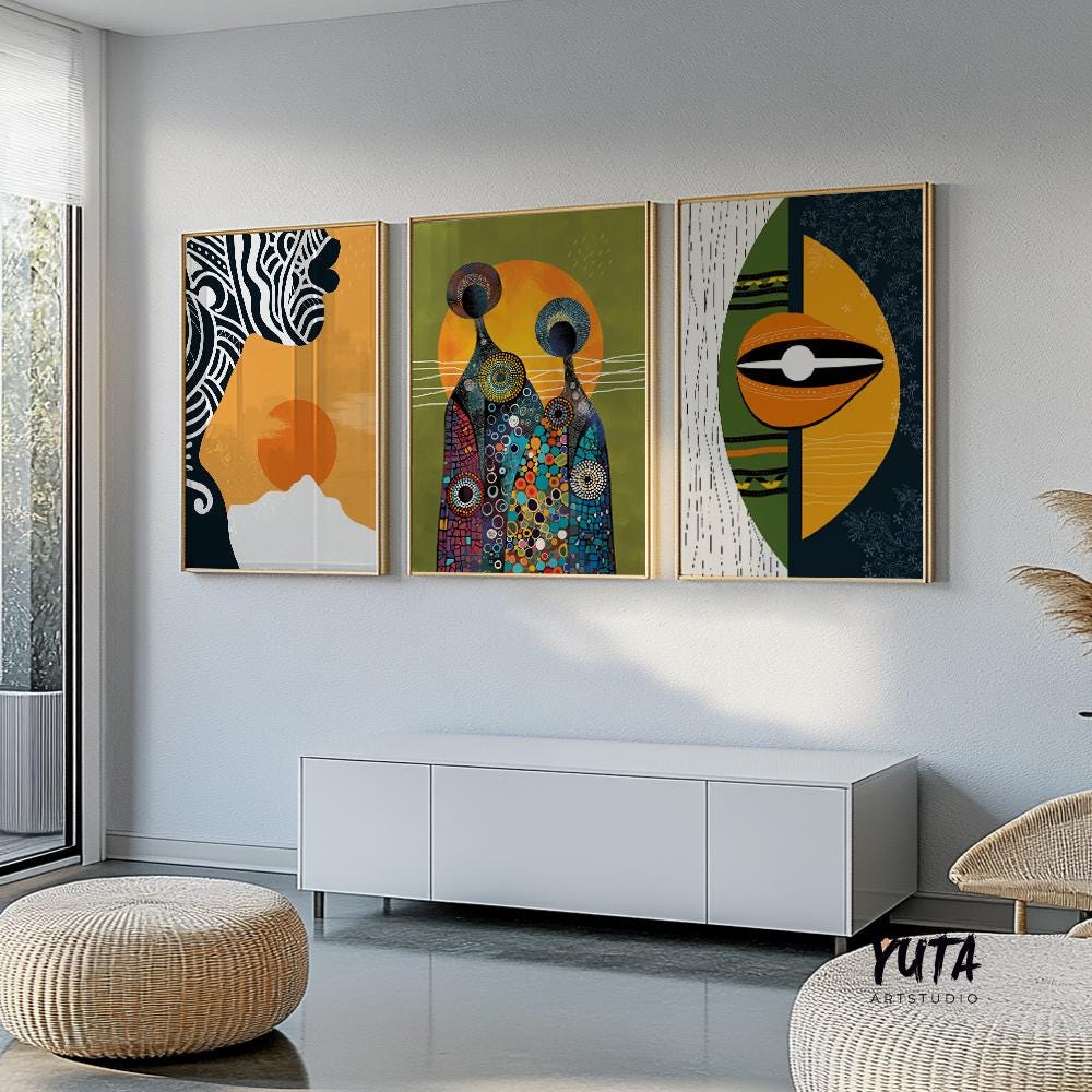 Contemporary Bright Abstract African American Art Set of 3 Prints. Three Peace Modern Tribe Abstract Art. Black Woman Portrait.
