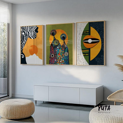 Contemporary Bright Abstract African American Art Set of 3 Prints. Three Peace Modern Tribe Abstract Art. Black Woman Portrait.
