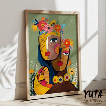 Colorful abstract woman portrait. Modern  african american art print, black women poster, aesthetic room decor, Living room wall art