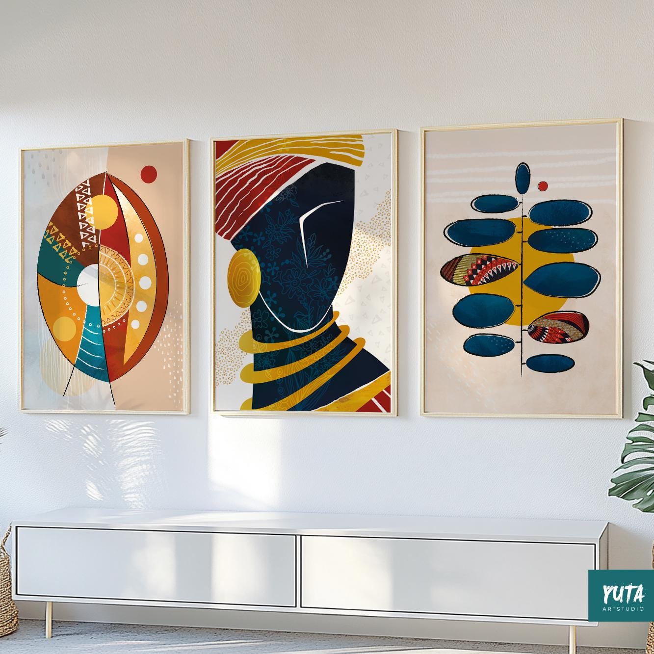 Abstract African wall art set – minimalist female portraits for contemporary ethnic decor.