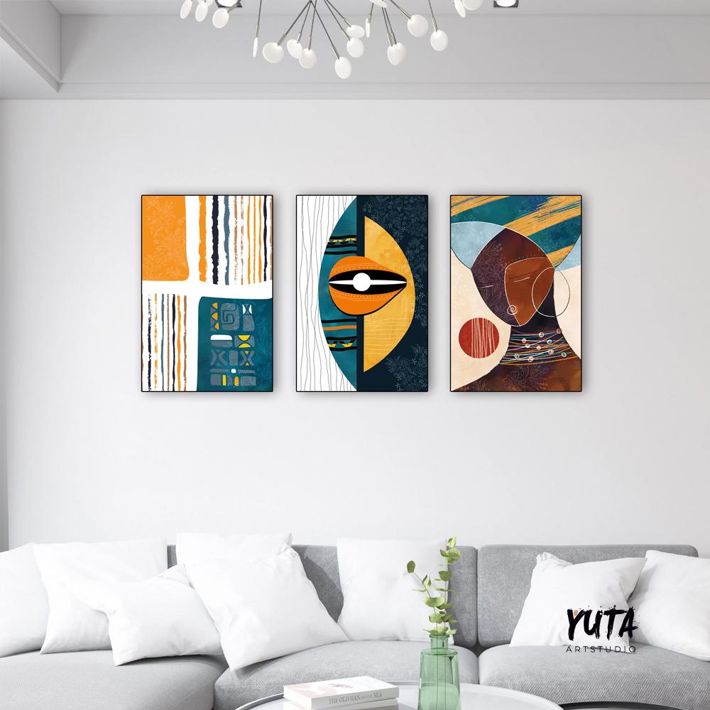 Vibrant African American abstract gallery wall set of 3, featuring colorful tribal ornaments, ideal for living room, office, or hallway decor.
