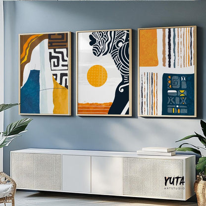 Colorful African American wall art set of 3, abstract bold black woman portraits, modern Afrocentric wall decor.