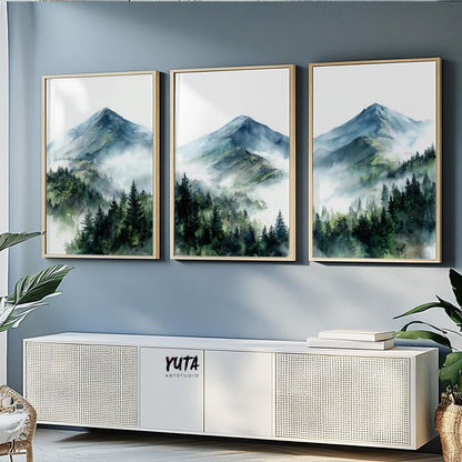 Evergreen forest wall art featuring mountain backdrops, misty valleys and watercolor nature artwork