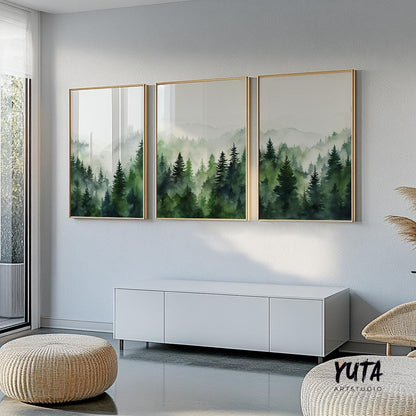 Mountain wall art set of 3 prints. Modern greenery mountain landscape gallery wall set. Nature 3 piece nordic abstract wall art