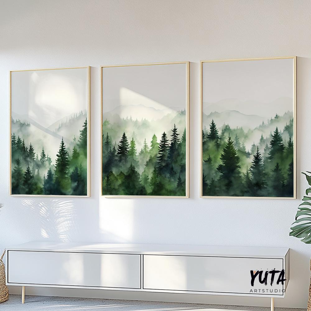 Mountain wall art set of 3 prints. Modern greenery mountain landscape gallery wall set. Nature 3 piece nordic abstract wall art