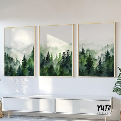 Mountain wall art set of 3 prints. Modern greenery mountain landscape gallery wall set. Nature 3 piece nordic abstract wall art