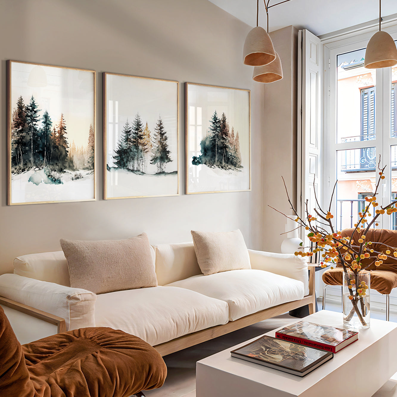 Minimalist evergreen tree watercolor prints for living room