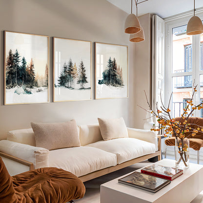 Minimalist evergreen tree watercolor prints for living room
