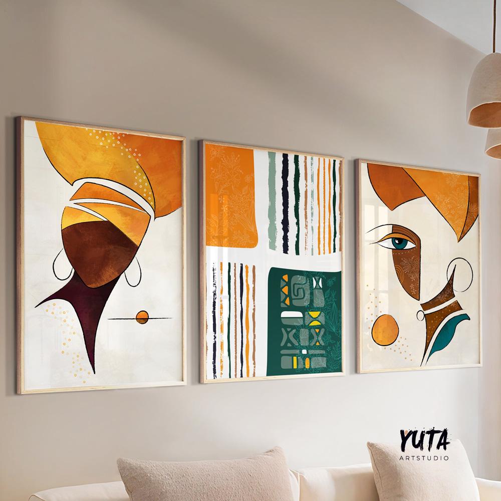 Abstract african art gallery wall set of 3 prints. Colorful ethnic women extra large posters. Modern aesthetic room decor, home gift idea
