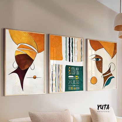 Abstract african art gallery wall set of 3 prints. Colorful ethnic women extra large posters. Modern aesthetic room decor, home gift idea