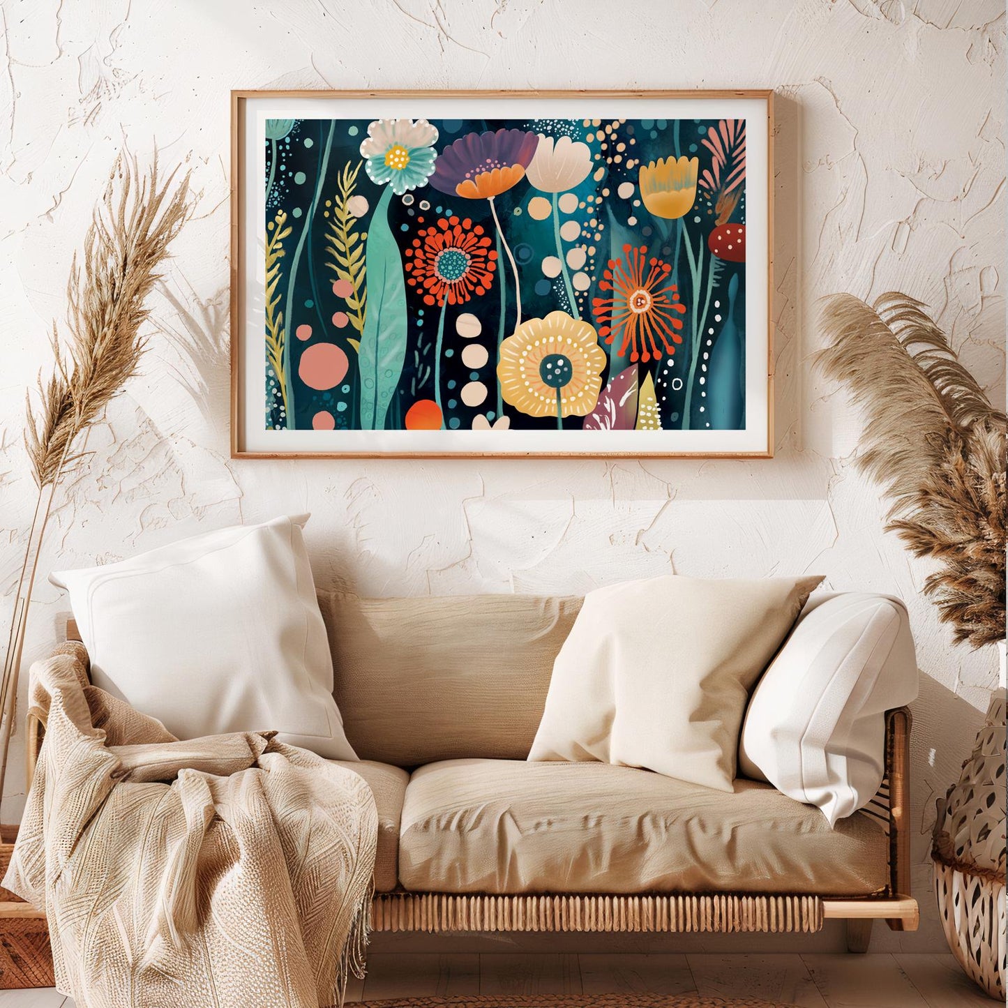 Colorful floral artwork in a modern abstract style, framed and mounted above a neutral sofa