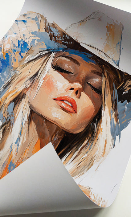 Female cowboy portrait print featuring a blonde woman with a white western hat