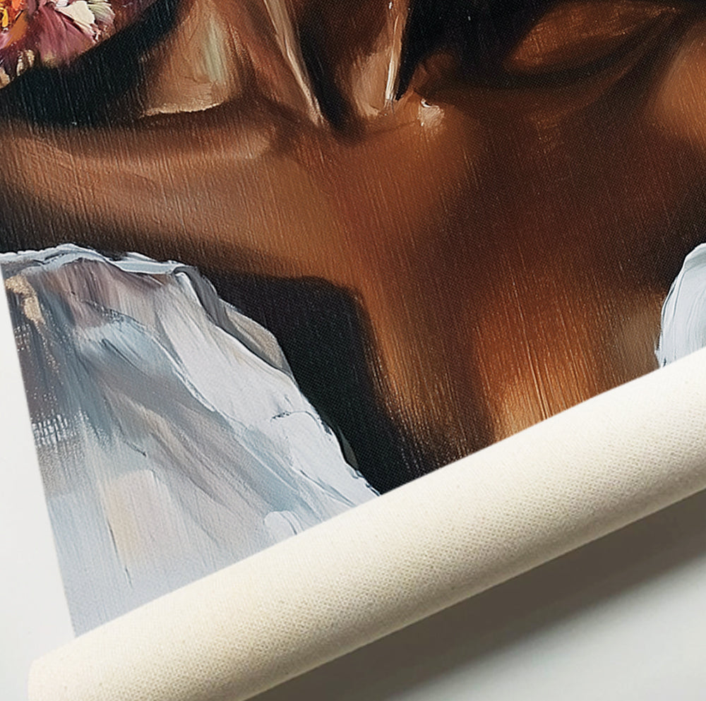 Feminine Black woman wall art featuring a close-up portrait with flowers and gold jewelry