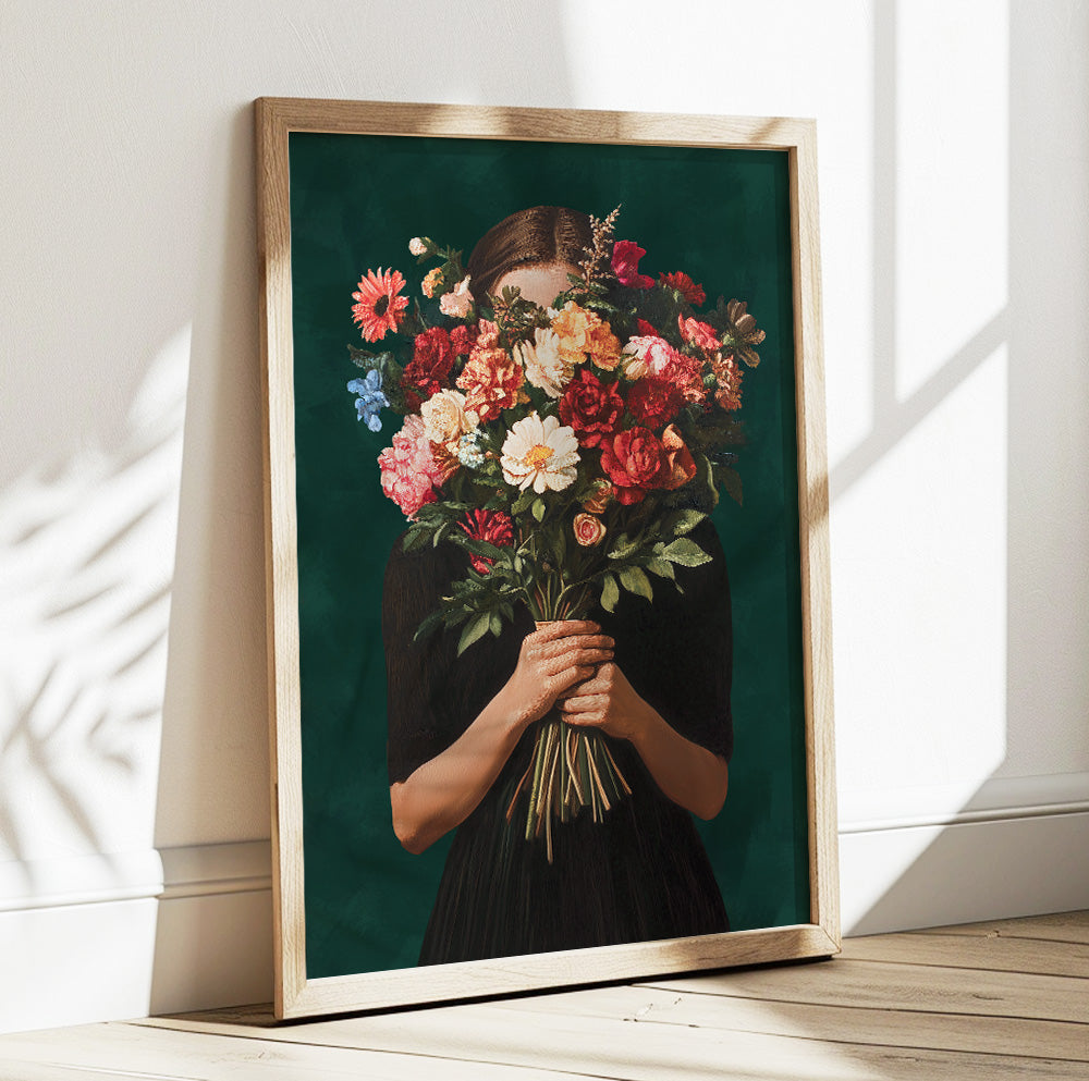 Feminine botanical portrait featuring a woman with her face hidden behind a lush floral bouquet