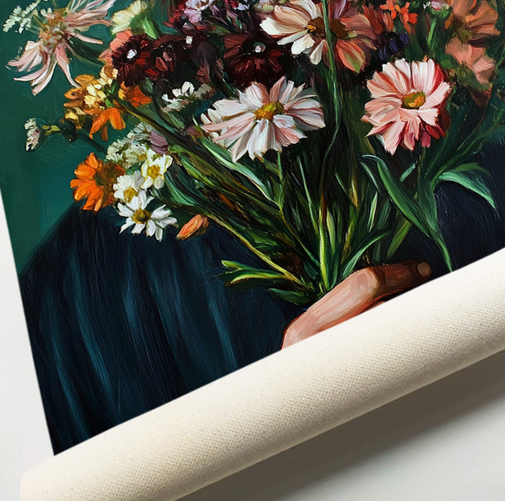Feminine botanical wall art featuring a woman holding a lush bouquet of wildflowers