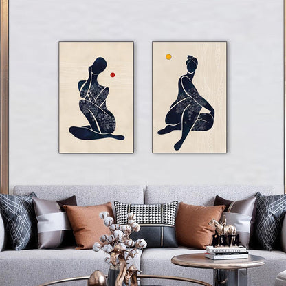 Neutral modern african american art print set of 2 black woman above bed wall art, abstract girl figures minimalist posters