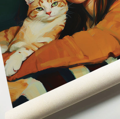 Feminine cat portrait art featuring a brunette woman cuddling a ginger and white cat